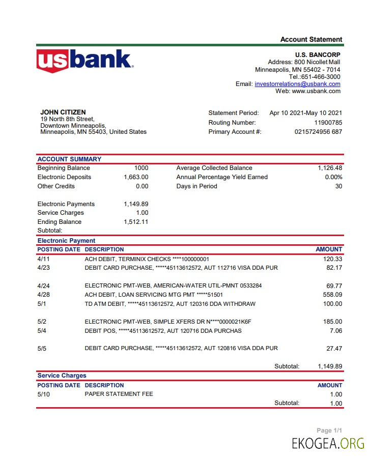 Modèle de relevé bancaire USA Bancorp facile à remplir au format de fichier .xls et .pdf